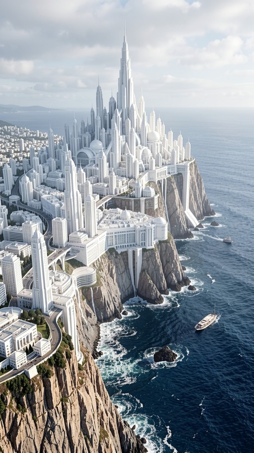 Aerial view of a futuristic white city with tall spires built on steep cliffs overlooking the blue ocean with boats sailing nearby.