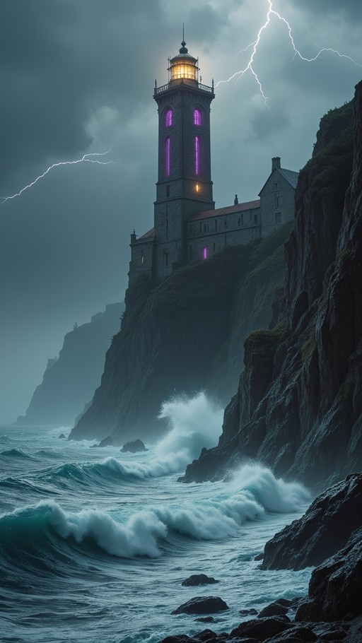 A tall stone lighthouse with glowing purple windows stands on a steep cliff during a stormy night, illuminated by lightning strikes above crashing ocean waves.