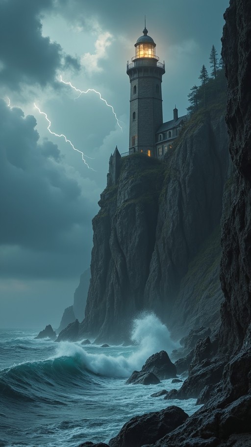 A stone lighthouse with a glowing lantern stands atop a high rocky cliff as lightning strikes in the stormy sky above crashing ocean waves.