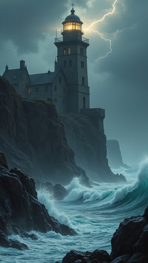 A stone lighthouse on a cliff with lightning striking nearby and waves crashing below