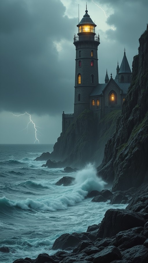 A stone lighthouse with glowing windows stands on a rocky cliff next to a castle as waves crash below during a thunderstorm with lightning in the sky.