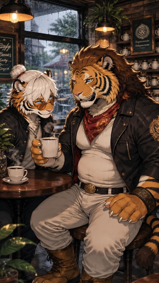 Two anthropomorphic tiger males sitting at a table in a warm cafe while rain falls outside; one wears glasses and holds a mug, while the larger companion wears a leather jacket and red scarf.