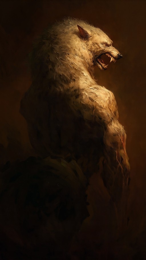 A muscular light-furred werewolf with yellow eyes roars in profile against a dark brown background.