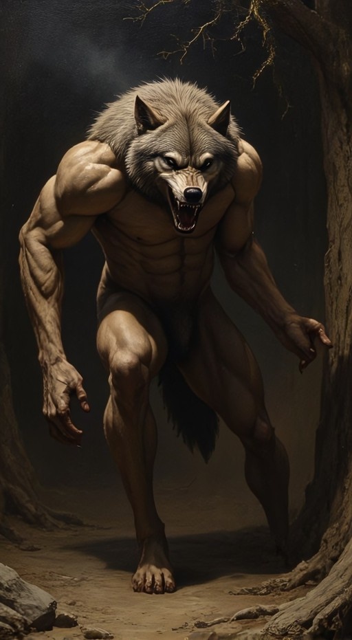 A realistic digital painting of a muscular werewolf with grey fur and sharp teeth standing in a dark forest setting.