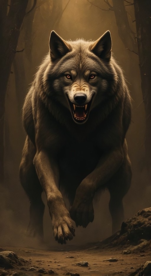 A realistic digital painting of a large wolf snarling with bared teeth in a dark, misty forest setting.