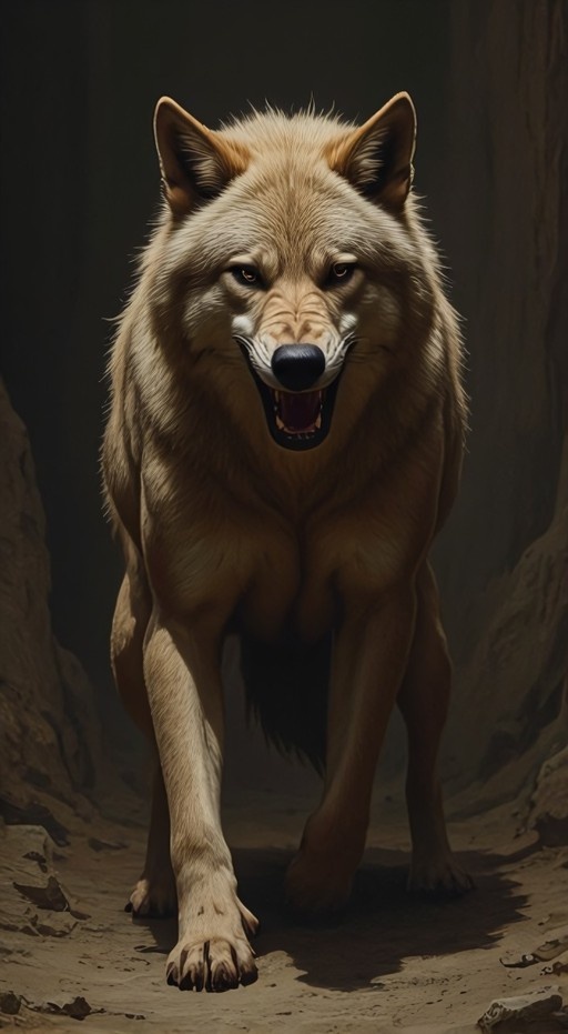 A realistic digital illustration of a large tan wolf standing in a rocky canyon, snarling with its mouth open and teeth visible, looking directly at the viewer.