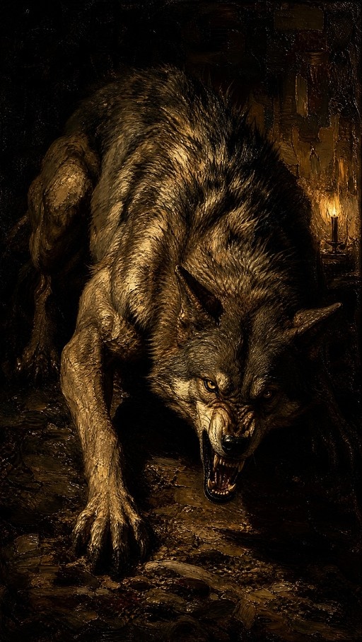 A realistic painting of a fierce werewolf snarling with bared fangs in a dark stone room lit by a single candle.