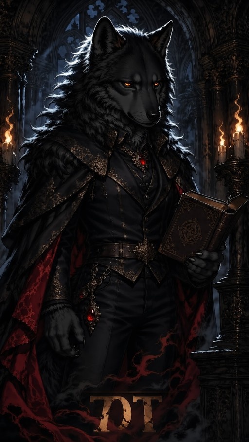 A black-furred anthropomorphic wolf with glowing orange eyes stands in a gothic hall holding an open grimoire with a pentagram. He wears ornate dark clothing with gold trim and a red-lined cape, illuminated by candles.