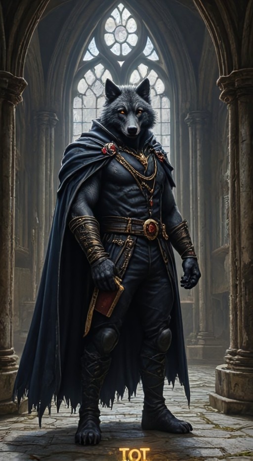 A full-body digital illustration of a muscular black-furred werewolf standing in a stone hall with arched windows, wearing a dark tattered cape and holding a book.