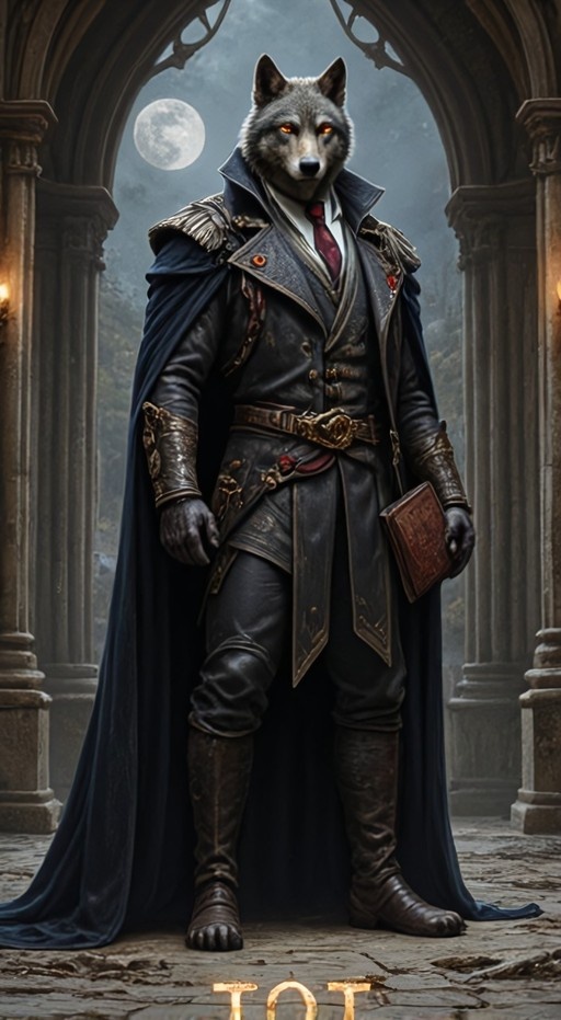 Anthropomorphic werewolf in a formal coat and cape holding a book under a full moon.