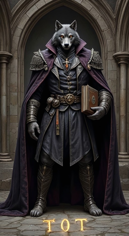 A full-body illustration of an anthropomorphic wolf with grey fur and orange eyes wearing dark fantasy armor and a purple cape, standing in a stone archway while holding a brown book, with the letters TOT glowing on the ground.