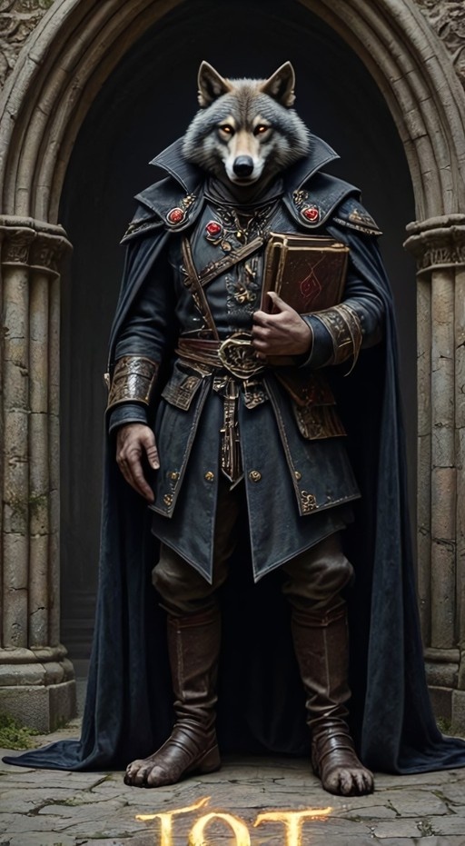 Anthropomorphic wolf character in dark fantasy robes holding a large book, standing in front of a stone arch.