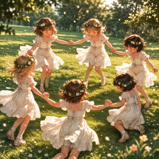 Six young girls wearing white dresses and floral wreaths hold hands in a circle on a sunny grassy field.