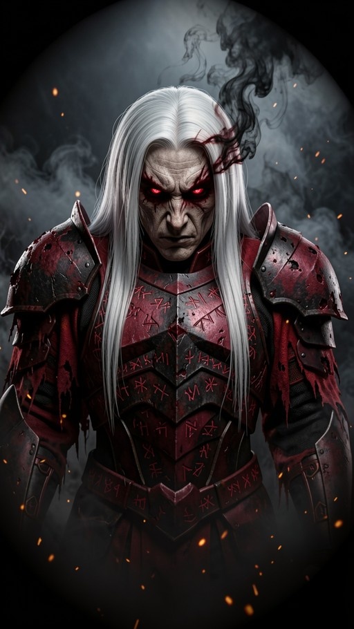 A portrait of a white-haired fantasy warrior with glowing red eyes and a scar, wearing dark armor with red accents and runic details while smoke rises around him.