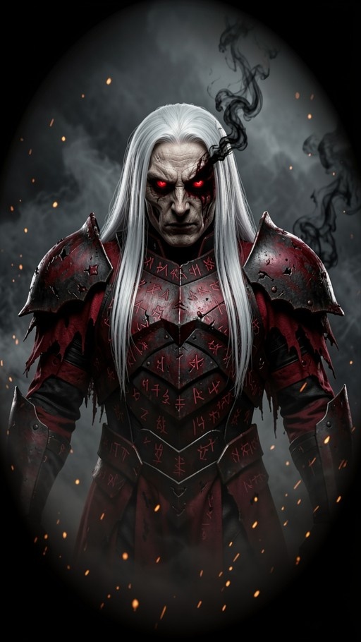 A male fantasy warrior with long white hair and glowing red eyes wearing dark runic armor with smoke rising from his left eye.