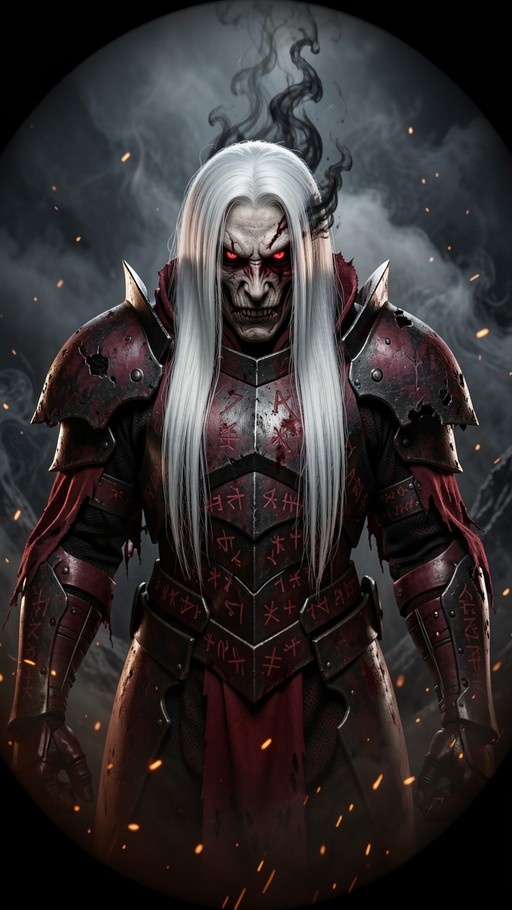 Undead warrior with long white hair and glowing red eyes wearing runed armor amidst smoke.