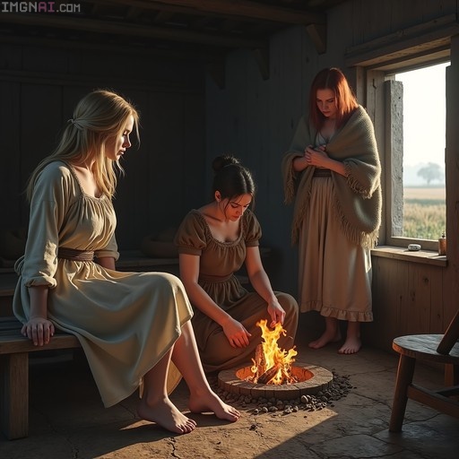 Three women in medieval peasant clothing rest inside a rustic farmhouse; one sits barefoot on a bench, another tends a floor fire, and a third stands by a sunlit window.