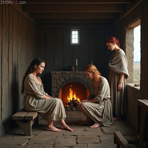 Three women in medieval dresses resting inside a stone-walled farmhouse near a fireplace.