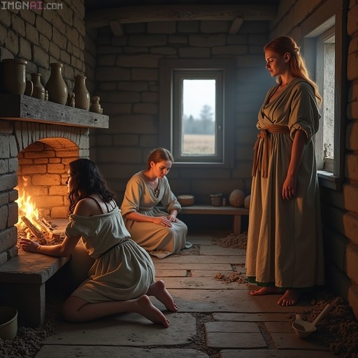 Three women in medieval dress inside a stone room; one kneels by a fire, one sits on the floor, and one stands barefoot by a window looking out.