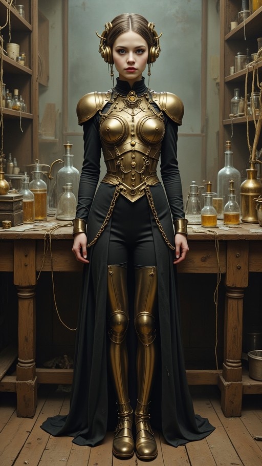A serious young woman with brown hair wears ornate gold armor over a black outfit while standing in an alchemist's workshop surrounded by glass bottles.