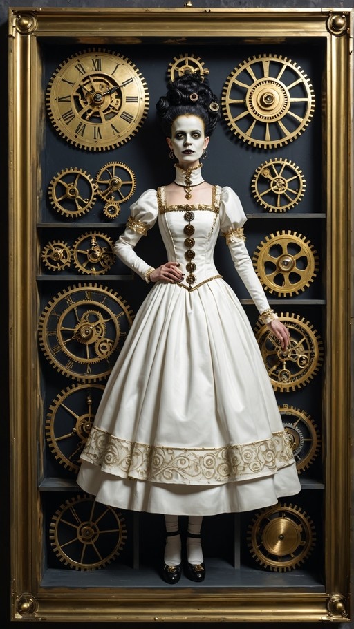 A full-body portrait of a pale woman with an elaborate dark updo wearing a white Victorian gown with gold trim, standing inside a large golden frame filled with intricate golden clockwork gears.