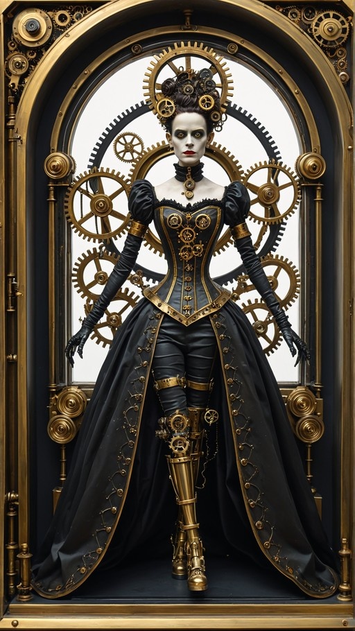 A pale-skinned steampunk woman in a black corset dress with gold trim stands before an ornate golden archway filled with gears, wearing a mechanical leg prosthetic.