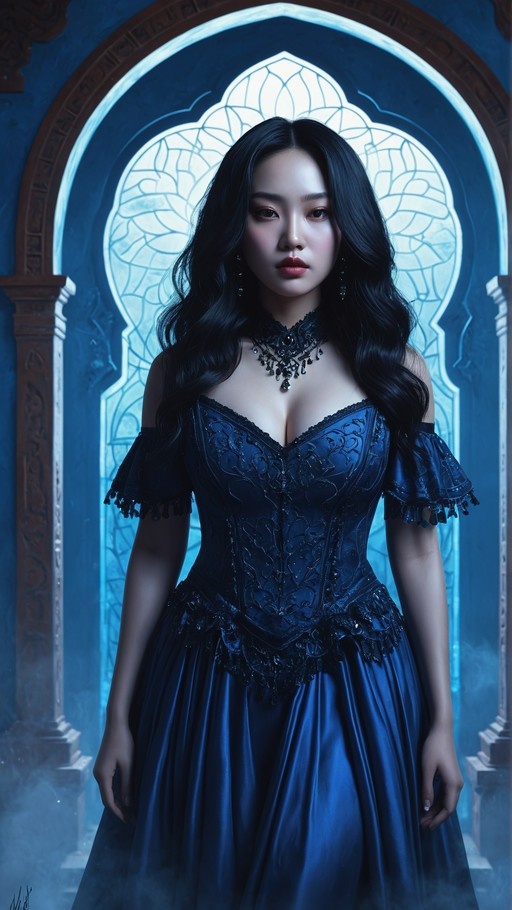 A young woman with long black hair stands in front of a glowing arched window, wearing an ornate dark blue off-the-shoulder dress and a black choker necklace.