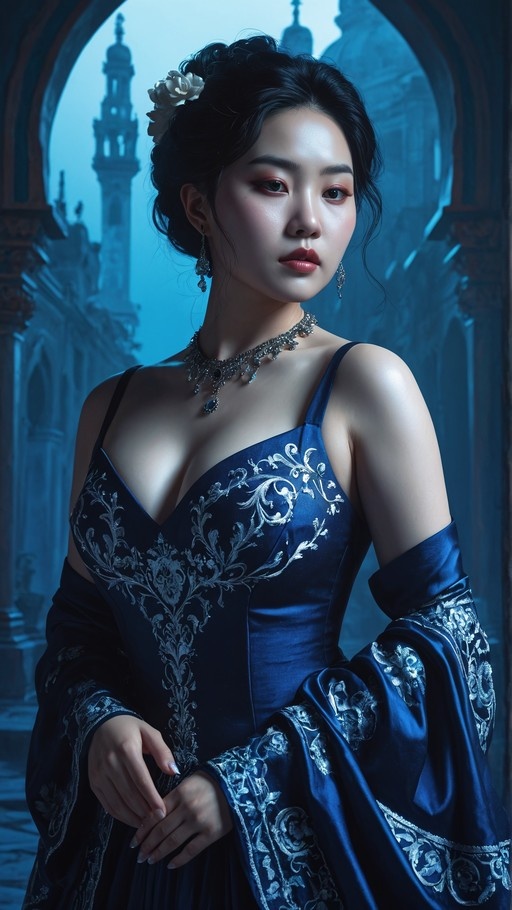 A young woman with dark hair and a white flower accessory wears a deep blue embroidered gown and stands before an arched window overlooking a misty city.