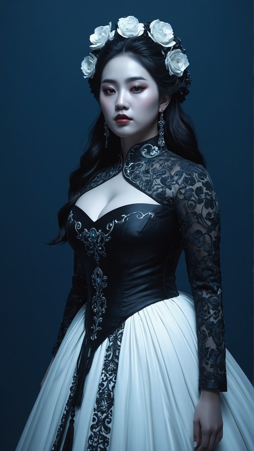 Portrait of a woman with long dark hair and a white rose crown wearing a black corset and white pleated skirt with lace details against a blue background.