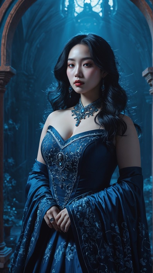 A realistic portrait of a woman with long black hair wearing an intricate blue gown and a large blue gemstone necklace.