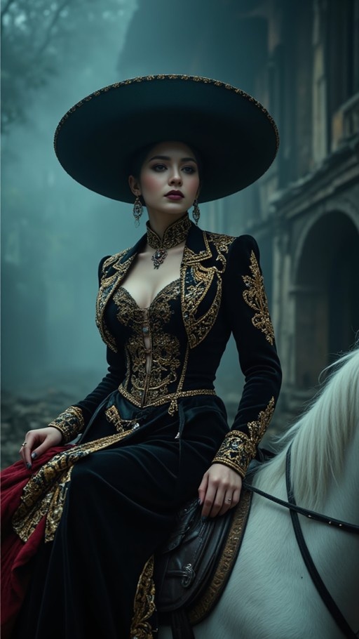 A woman with dark hair wearing a large black hat and an ornate black and gold outfit sits on a white horse in a foggy outdoor setting.