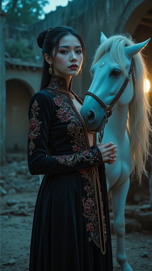 A realistic image of a woman in a black embroidered dress standing next to a white horse.