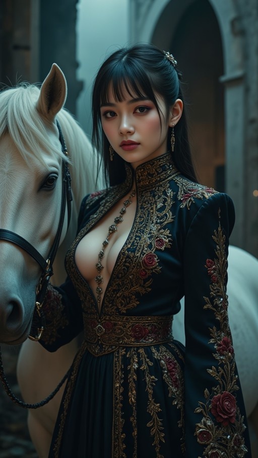 A realistic digital painting of a young woman with long black hair in an ornate dark dress standing next to a white horse in a stone courtyard.