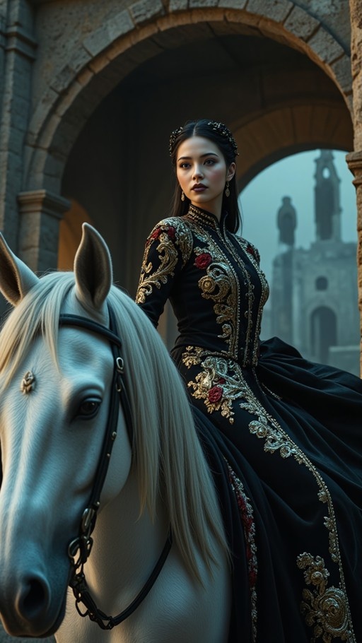 A dark-haired woman in a black dress with gold embroidery rides a white horse under a stone archway.