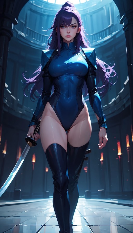 An anime-style woman with long purple hair and blue eyes walks forward holding a katana, wearing a shiny blue bodysuit and black thigh-high boots in a torchlit hall.