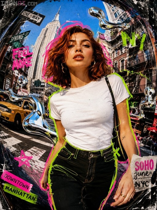 A young woman with wavy reddish-brown hair stands in a stylized Soho street scene, wearing a white t-shirt and black pants, surrounded by neon green and pink graphic elements and chrome distortions against a backdrop of New York City buildings and a yellow taxi.