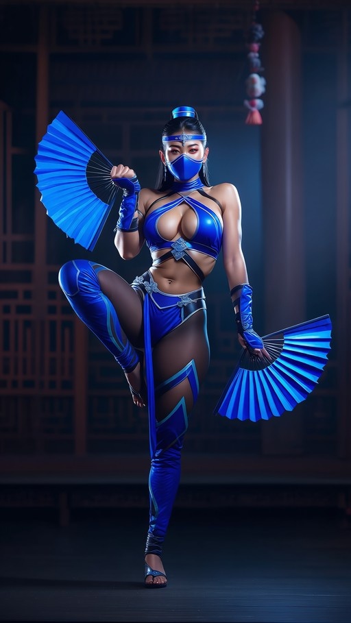 Female ninja in blue costume holding two blue fans.