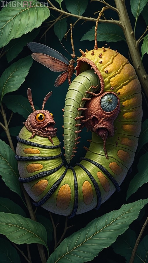 A large green caterpillar with orange spots and black bands emerges from a yellowish-green pupa featuring a giant blue eye, set against dark foliage in a horror fantasy style.