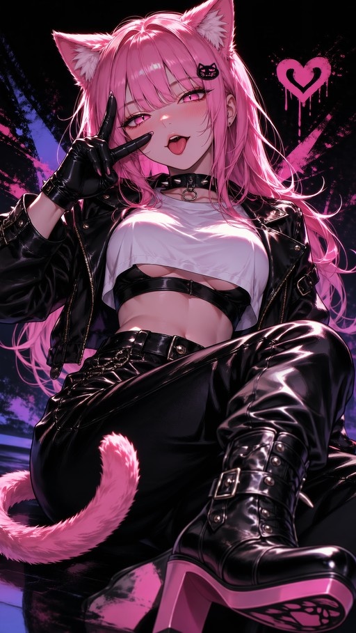 A pink-haired anime catgirl with animal ears and a tail wearing a black leather jacket and white crop top sits while making a peace sign near her eye against a dark background with pink accents.