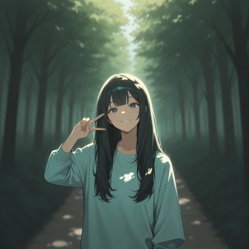 Anime-style illustration of a smiling young woman with long black hair and blue eyes making a peace sign in a sunlit forest.