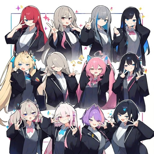 A digital illustration of twelve anime girls in matching black school uniforms posing together, many making peace signs.