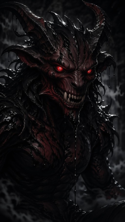 A close-up of a dark-skinned demon with large curved horns and glowing red eyes looking at the viewer. Black liquid drips from his face as he bares sharp teeth in a menacing expression.