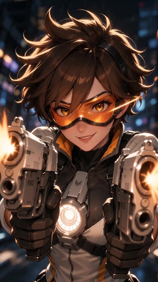 Tracer in her orange bodysuit and goggles fires dual pistols while leaping through a neon-lit cyberpunk street during a slow-motion battle sequence.