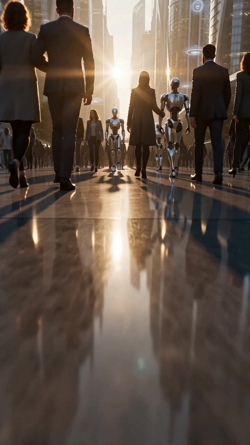 A realistic humanoid robot in a dark suit and coat walks down a sunlit cyberpunk city street past skyscrapers and lampposts.