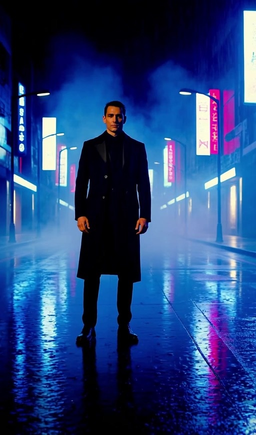 An Asian man wearing a long black trench coat and dark tie walks slowly toward the camera on a wet, reflective city street illuminated by blue neon signs at night.