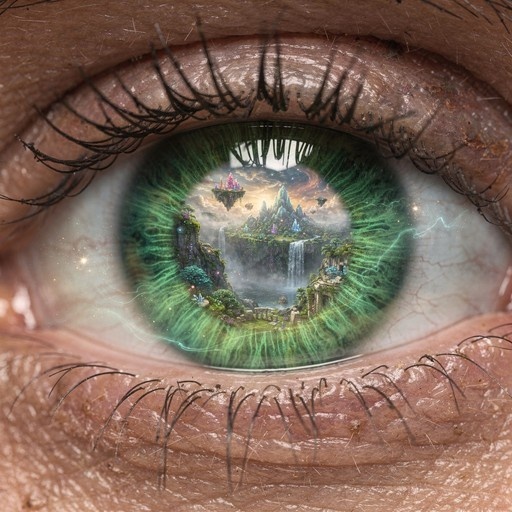 Close-up of a green eye reflecting a fantasy landscape with floating islands and waterfalls.