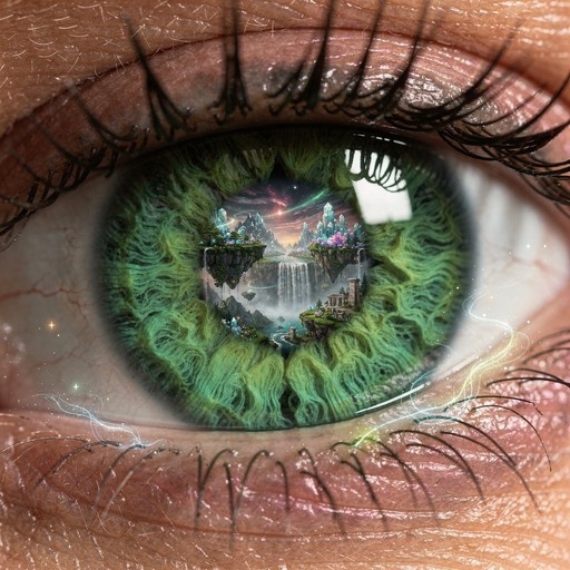 Close-up of a green human eye reflecting a fantasy landscape with floating islands and waterfalls.