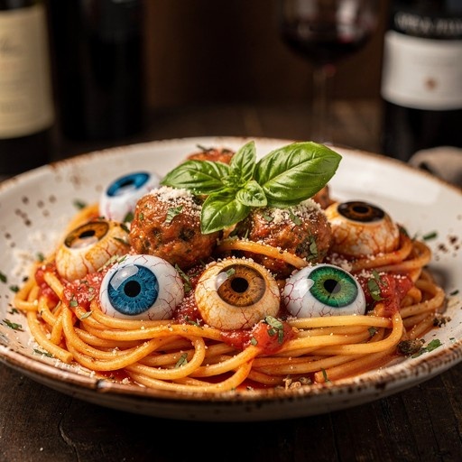 A plate of spaghetti and meatballs topped with several realistic human eyeballs and fresh basil leaves.