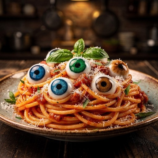 A plate of spaghetti with red sauce and grated cheese is topped with several colorful human eyes and fresh basil leaves on a wooden table.