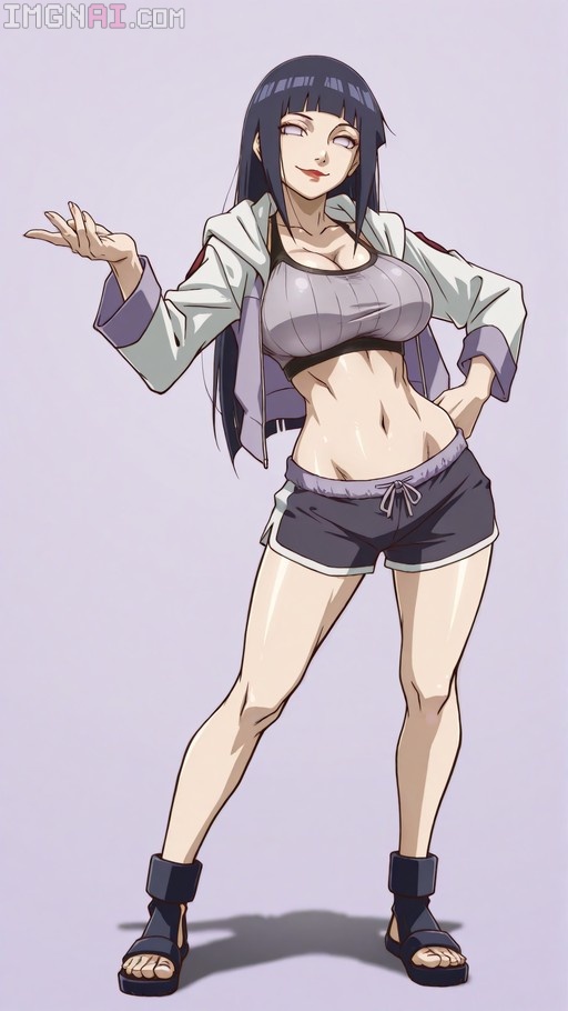 Full-body illustration of Hyuuga Hinata from Naruto Shippuden wearing a sports bra and open jacket, posing with one hand on her hip and a smug smile.